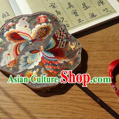 China Handmade Traditional Embroidered Palace Fan Embroidery Butterfly Double Side Fan Ancient Court Lady Grey Silk Fans