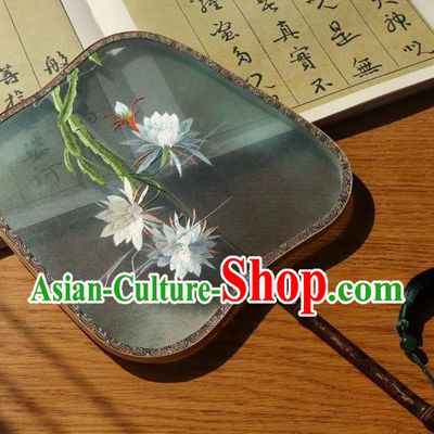 China Handmade Ancient Court Lady Green Silk Fans Traditional Embroidered Palace Fan Embroidery Epiphyllum Double Side Fan