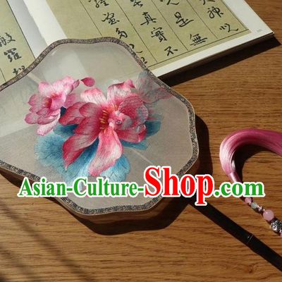 China Handmade Traditional Embroidered Palace Fan Embroidery Lotus Double Side Silk Fan