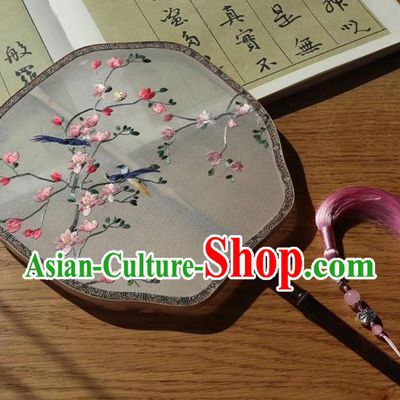 China Handmade Embroidery Flowers Birds Double Side Silk Fan Traditional Embroidered Palace Fan