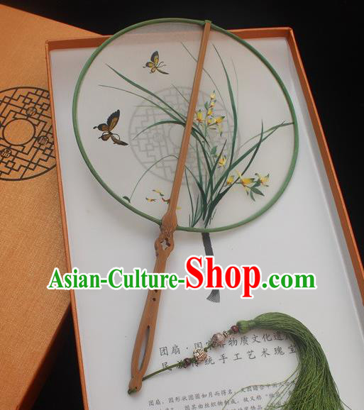 China Handmade Embroidery Orchids Double Side Silk Fan Princess Fan Traditional Embroidered Palace Fan China Handmade Embroidery Orchids Double Side Silk Fan Princess Fan Traditional Embroidered Palace Fan