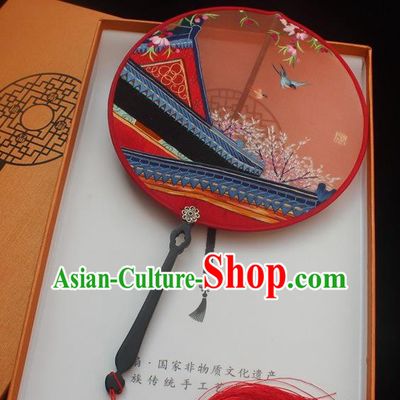 China Handmade Embroidery Double Side Fan Princess Fan Traditional Embroidered Palace Fan Red Silk Round Fans