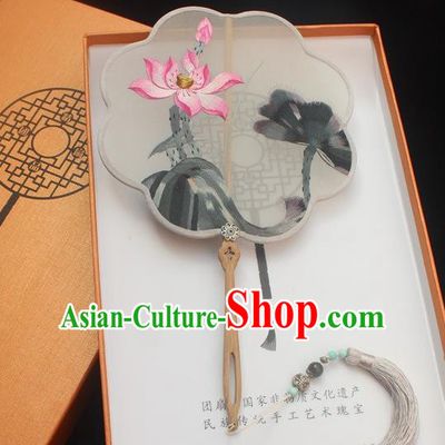 China Classical Lotus Pattern Silk Fan Ancient Handmade Princess Double Side Embroidery Fan Traditional Embroidered Palace Fan