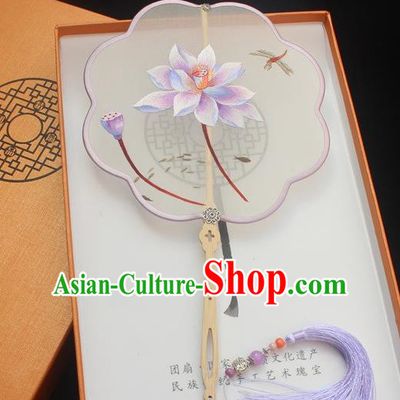 China Classical Embroidery Lilac Lotus Pattern Silk Fan Traditional Embroidered Palace Fan Ancient Handmade Princess Double Side Fan