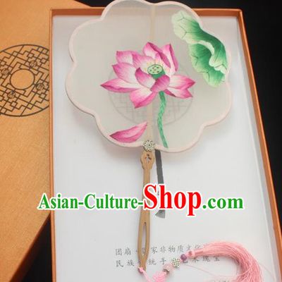 China Traditional Embroidered Silk Fan Handmade Double Side Fan Classical Embroidery Lotus Pattern Palace Fan