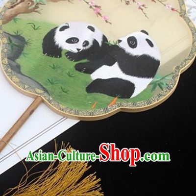 China Embroidery Panda Palace Fan Handmade Classical Dance Fan Double Side Embroidered Fan