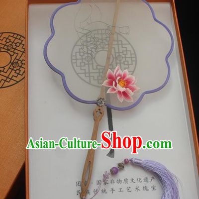 China Handmade Embroidery Lotus Pattern Palace Fan Classical Double Side Embroidered Fan Traditional Silk Fan