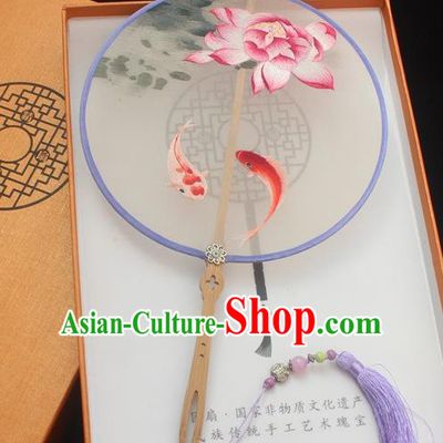 China Classical Double Side Embroidered Fan Handmade Embroidery Lotus Carps Pattern Palace Fan Traditional Silk Fan