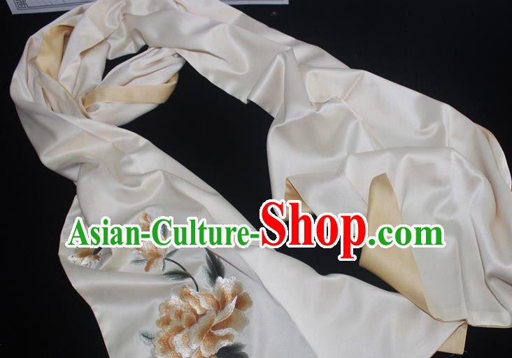 Chinese Style Cheongsam Accessories Embroidered Peony Beige Silk Scarf Chinese Style Cheongsam Accessories Embroidered Peony Beige Silk Scarf