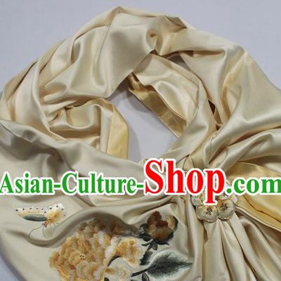 Chinese Embroidered Peony Yellow Silk Scarf with Brooch Cheongsam Accessories