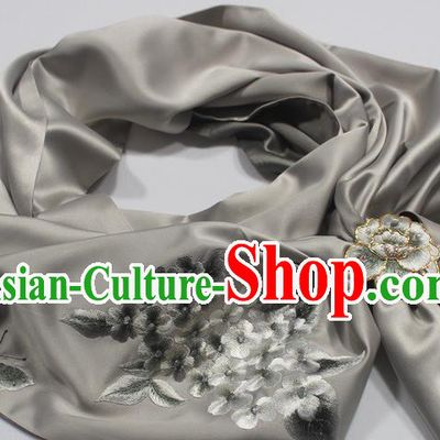 Chinese Embroidered Plum Blossom Grey Silk Scarf Traditional Cheongsam Accessories Top Grade Tippet with Brooch