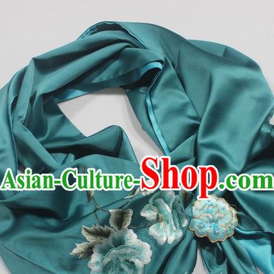Chinese Traditional Cheongsam Scarf Accessories Top Grade Embroidered Peony Teal Silk Tippet with Brooch