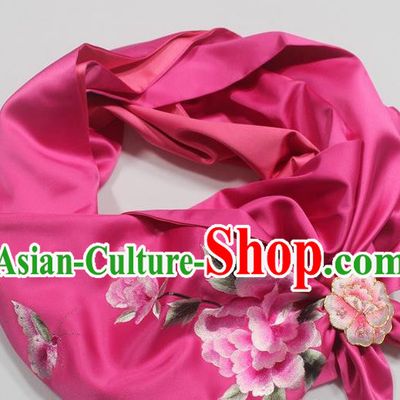 Chinese Traditional Cheongsam Scarf Accessories with Brooch Rosy Silk Embroidered Peony Tippet