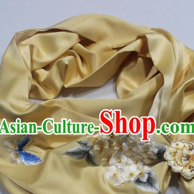 Chinese Traditional Embroidered Plum Butterfly Scarf with Brooch Yellow Silk Tippet Cheongsam Accessories