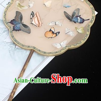 China Classical Beige Silk Palace Fan Traditional Court Fan Double Side Embroidered Fan Handmade Embroidery Butterfly Fan