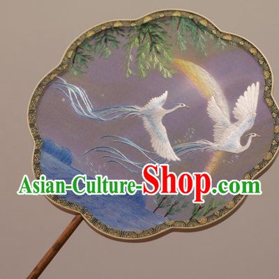 China Traditional Court Fan Double Side Embroidered Fan Handmade Embroidery White Phoenix Fan Classical Silk Palace Fan