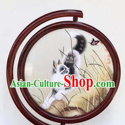 Traditional China Craft Handmade Rosewood Carving Table Decoration Embroidered Cat Painting Desk Screen