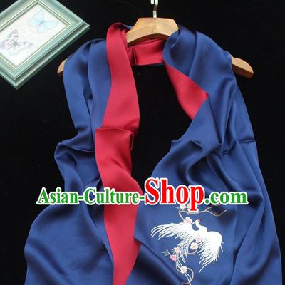 Chinese Traditional Cheongsam Embroidery Phoenix Accessories Embroidered Scarf Navy Silk Tippet