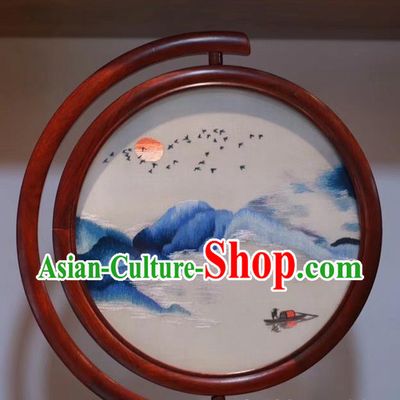 Traditional China Desk Screen Embroidered Landscape Painting Craft Handmade Rosewood Carving Table Decoration