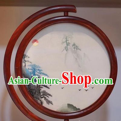 Traditional China Rosewood Carving Table Decoration Handmade Embroidered Sunrise Painting Craft Desk Screen