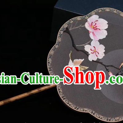 China Traditional Handmade Embroidered Palace Fan Grey Silk Fan Classical Dance Embroidery Peach Blossom Fan
