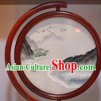 Traditional China Embroidered Landscape Painting Desk Screen Handmade Embroidery Craft Rosewood Carving Table Decoration