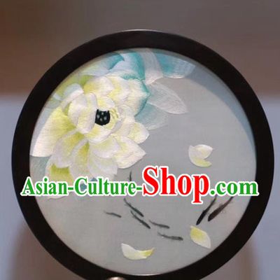 China Traditional Rosewood Carving Table Decoration Double Side Embroidery White Lotus Craft Handmade Desk Screen