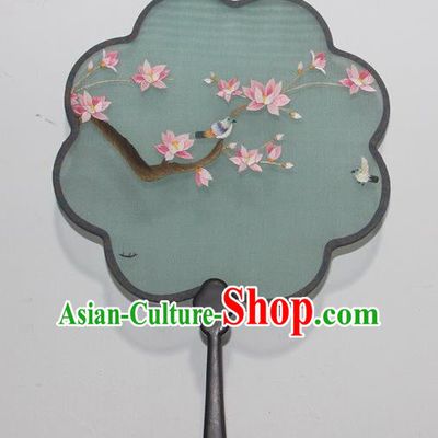 China Traditional Embroidered Green Silk Fan Handmade Rosewood Fan Double Side Embroidery Mangnolia Palace Fan