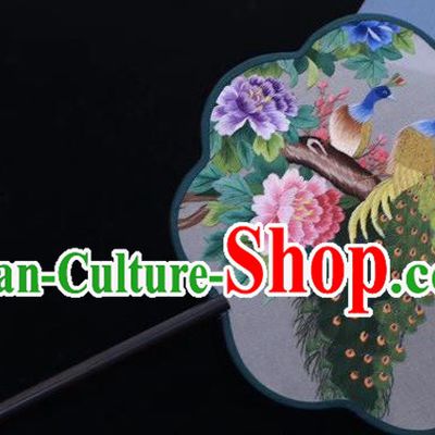 China Embroidered Palace Fan Traditional Classical Dance Silk Fan Handmade Embroidery Peacock Peony Fan