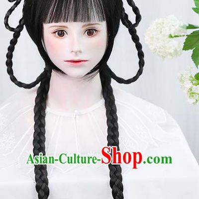 Chinese Qing Dynasty Young Female Bangs Wigs Best Quality Wigs China Cosplay Wig Chignon Ancient Village Girl Wig Sheath