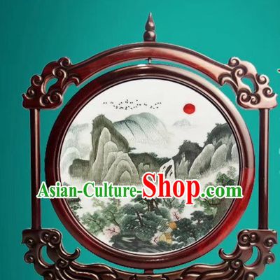 China Traditional Double Side Embroidery Mountain Craft Handmade Rosewood Decoration Suzhou Exquisite Embroidered Desk Screen