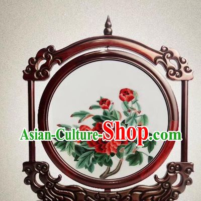 China Handmade Embroidered Peony Desk Screen Traditional Double Side Rosewood Decoration Suzhou Embroidery Craft