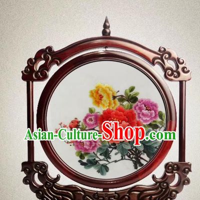 China Rosewood Decoration Traditional Double Side Suzhou Embroidery Craft Handmade Embroidered Peony Flowers Desk Screen