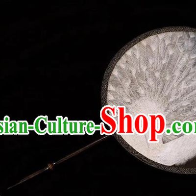 China Handmade Suzhou Embroidery Palace Fan Dance Double Side Fan Traditional Embroidered White Peacock Silk Fans