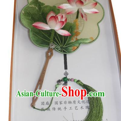 China Embroidered Dance Fan Handmade Suzhou Embroidery Lotus Palace Fan Green Silk Fan Traditional Hanfu Fan