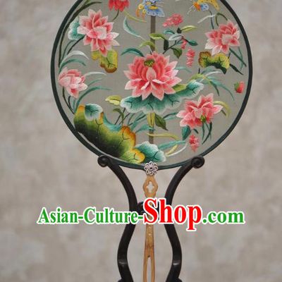 Handmade China Ancient Palace Fan Traditional Court Hanfu Fan Exquisite Embroidery Lotus Fans