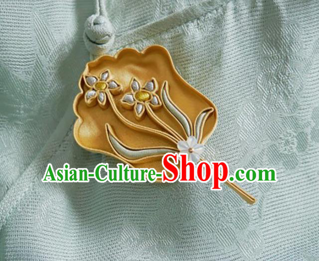 China Handmade Silk Brooch Traditional Cheongsam Accessories Golden Orchids Fan Breastpin China Handmade Silk Brooch Traditional Cheongsam Accessories Golden Orchids Fan Breastpin