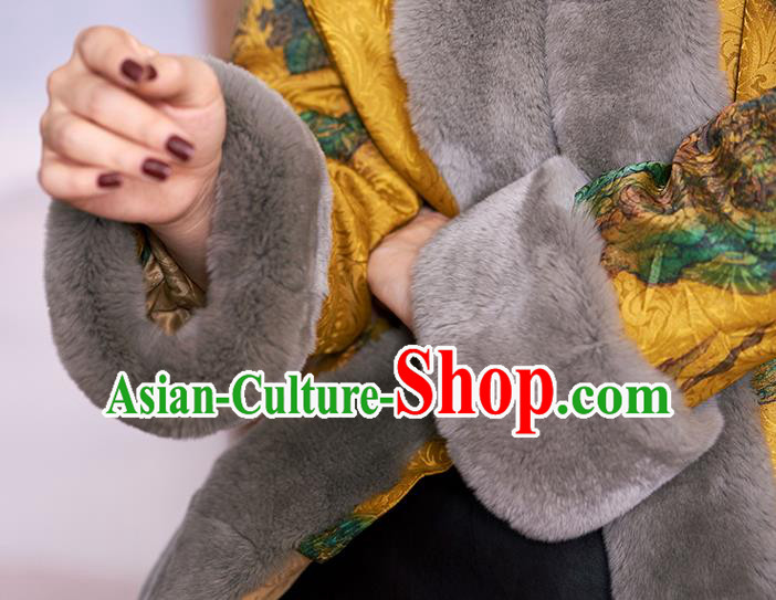 Chinese Women Winter Outer Garment Yellow Watered Gauze Coat Traditional National Clothing Jacket Chinese Women Winter Outer Garment Yellow Watered Gauze Coat Traditional National Clothing Jacket