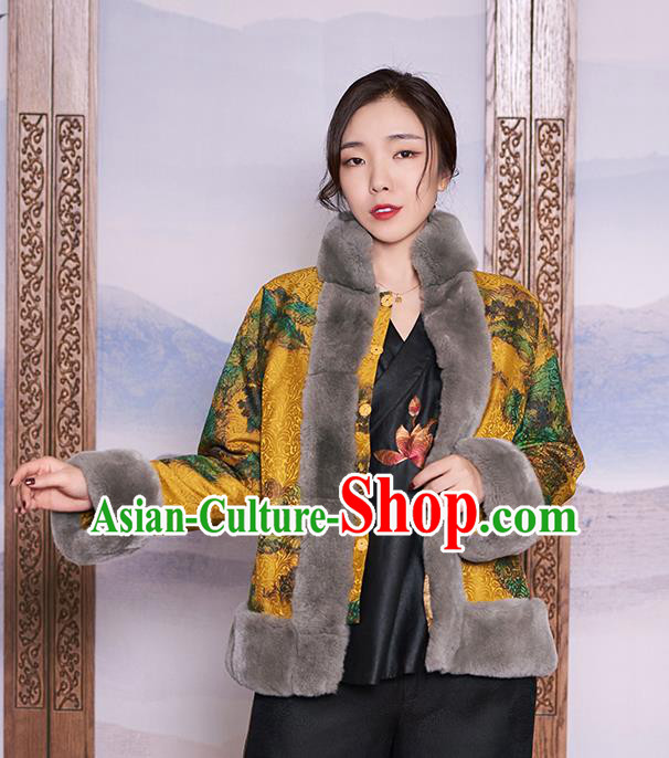 Chinese Women Winter Outer Garment Yellow Watered Gauze Coat Traditional National Clothing Jacket Chinese Women Winter Outer Garment Yellow Watered Gauze Coat Traditional National Clothing Jacket