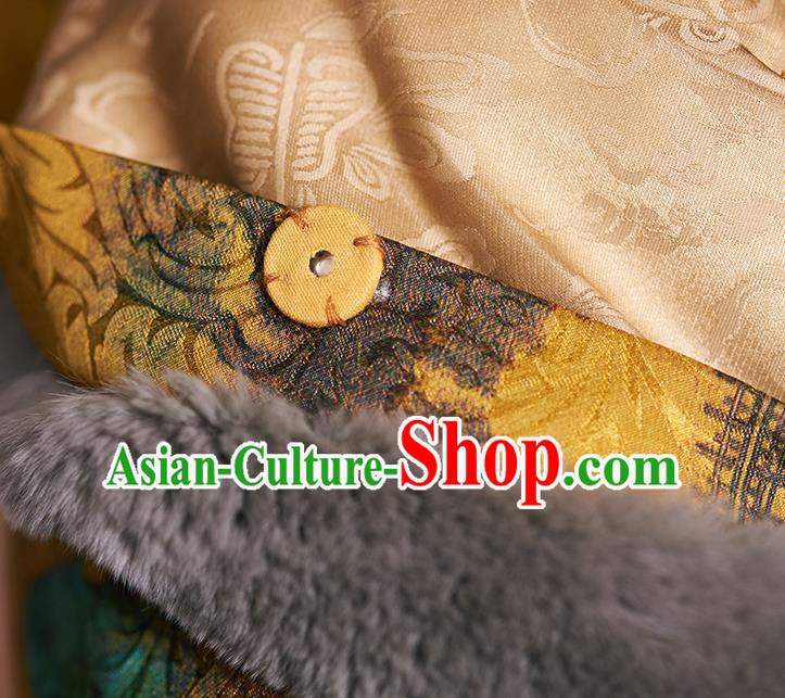 Chinese Women Winter Outer Garment Yellow Watered Gauze Coat Traditional National Clothing Jacket Chinese Women Winter Outer Garment Yellow Watered Gauze Coat Traditional National Clothing Jacket