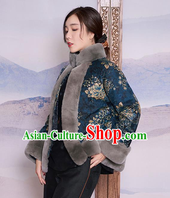 Chinese Navy Jacket Women Winter Outer Garment Watered Gauze Coat Traditional National Clothing Chinese Navy Jacket Women Winter Outer Garment Watered Gauze Coat Traditional National Clothing