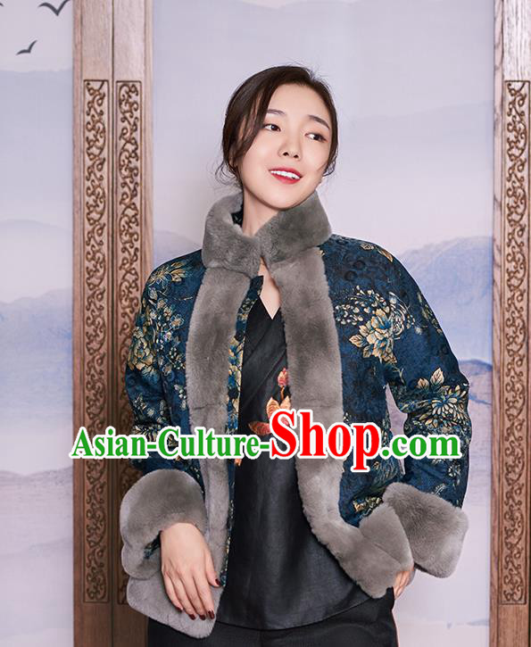 Chinese Navy Jacket Women Winter Outer Garment Watered Gauze Coat Traditional National Clothing Chinese Navy Jacket Women Winter Outer Garment Watered Gauze Coat Traditional National Clothing