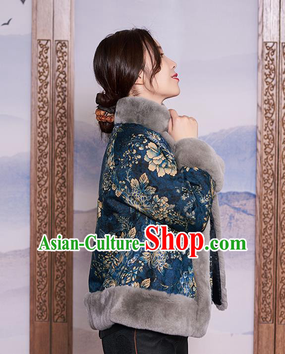 Chinese Navy Jacket Women Winter Outer Garment Watered Gauze Coat Traditional National Clothing Chinese Navy Jacket Women Winter Outer Garment Watered Gauze Coat Traditional National Clothing