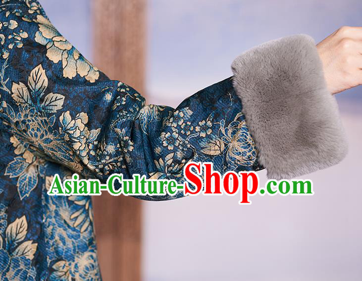 Chinese Navy Jacket Women Winter Outer Garment Watered Gauze Coat Traditional National Clothing Chinese Navy Jacket Women Winter Outer Garment Watered Gauze Coat Traditional National Clothing