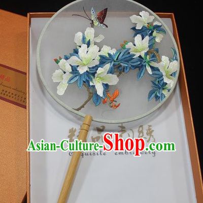 China Ancient Princess Fan Handmade Exquisite Embroidery White Flowers Fan Traditional Palace Fan
