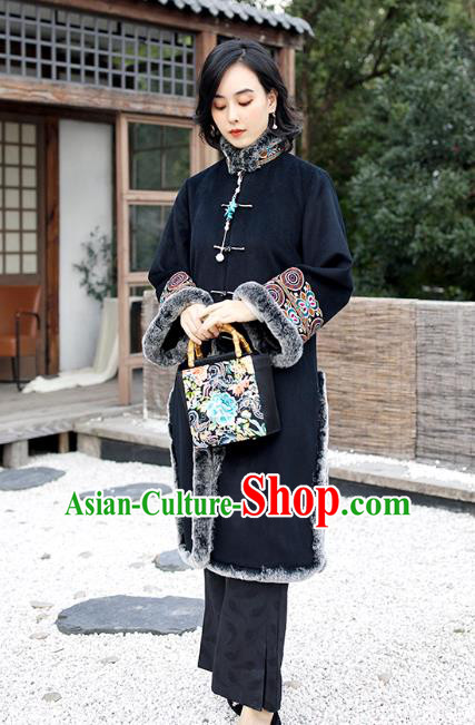 Chinese Black Woolen Dust Coat Women Embroidered Coat Traditional National Clothing Winter Outer Garment