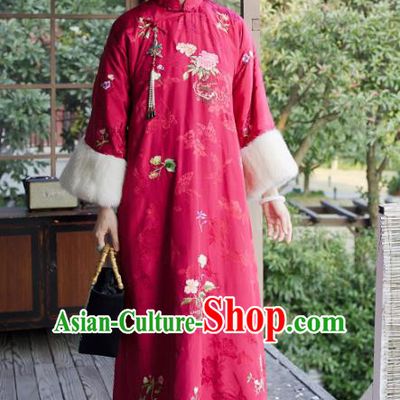 Traditional China Classical Qipao Dress National Winter Clothing Embroidered Flowers Rosy Satin Cheongsam for Women