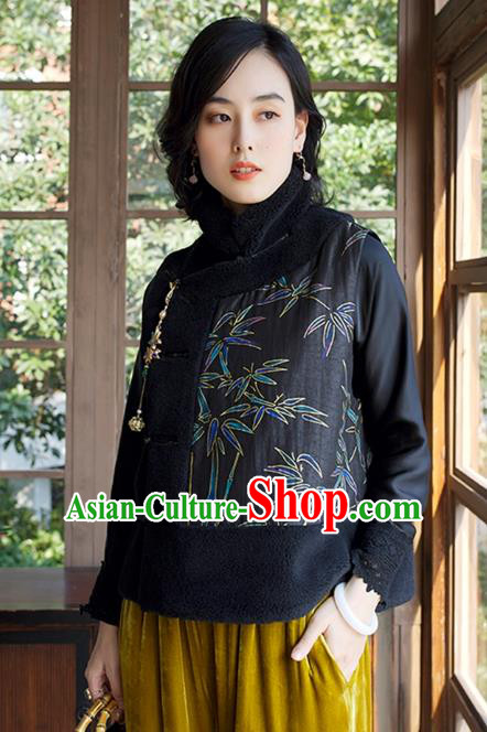 Traditional China Embroidered Bamboo Black Waistcoat Classical Cheongsam Vest National Female Clothing Traditional China Embroidered Bamboo Black Waistcoat Classical Cheongsam Vest National Female Clothing