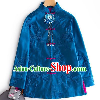 Chinese Embroidery Deep Blue Jacket Women Outer Garment Traditional National Clothing Embroidered Silk Coat