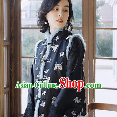 Traditional Embroidered Butterfly Waistcoat National Female Clothing China Classical Cheongsam Black Cotton Padded Vest